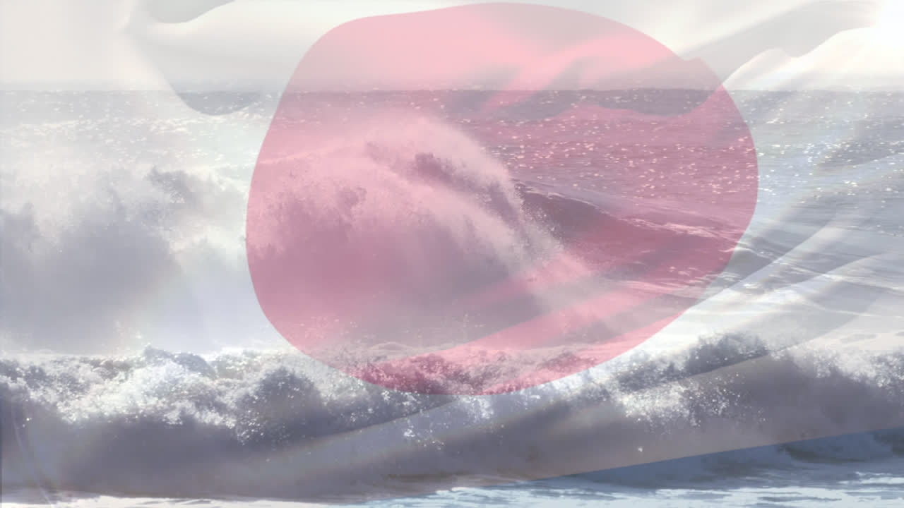 composición digital de ondear la bandera de japón contra las olas en el mar