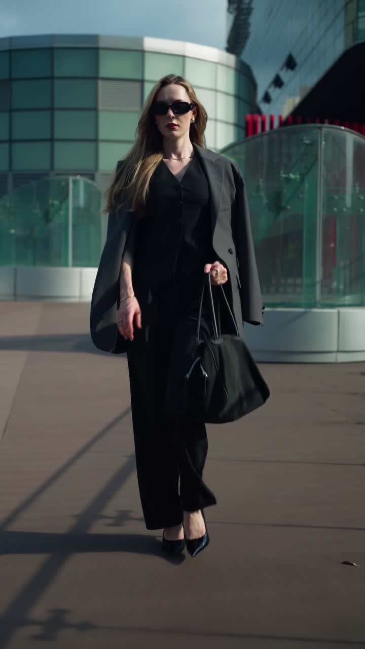 Vertical - Stylish Caucasian businesswoman in a black suit and sunglasses walks confidently on an outdoor terrace of a modern office building in the city - slow motion, tracking pull back