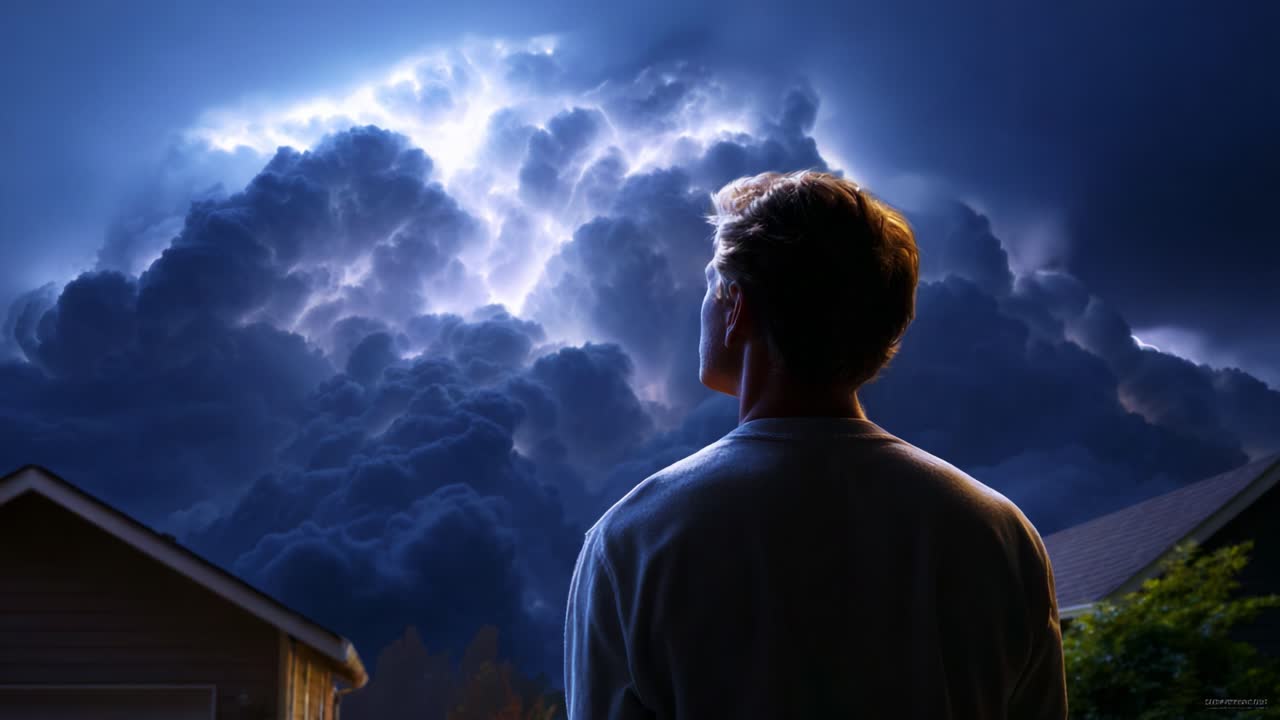 En person står silhouet mod en dramatisk himmel fyldt med ildevarslende mørke skyer og lyn, hvilket fremkalder en følelse af undren og ængstelse over naturens kraft og det kommende stormvejr.