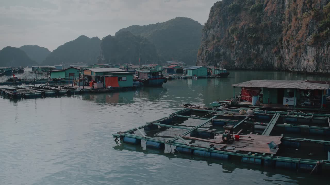 베트남의 전통적인 배와 떠다니는 마을을 지나, 하롱 만의 남쪽 가장자리인 란하 만의 아름다운 석회암 바위들 사이를 항해합니다.