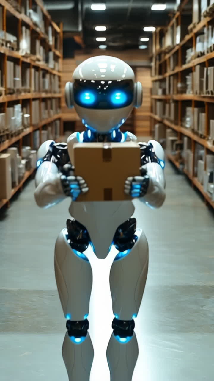 Robotic automation in a busy warehouse. A humanoid robot transports a package in a large warehouse filled with neatly stacked boxes during daylight.