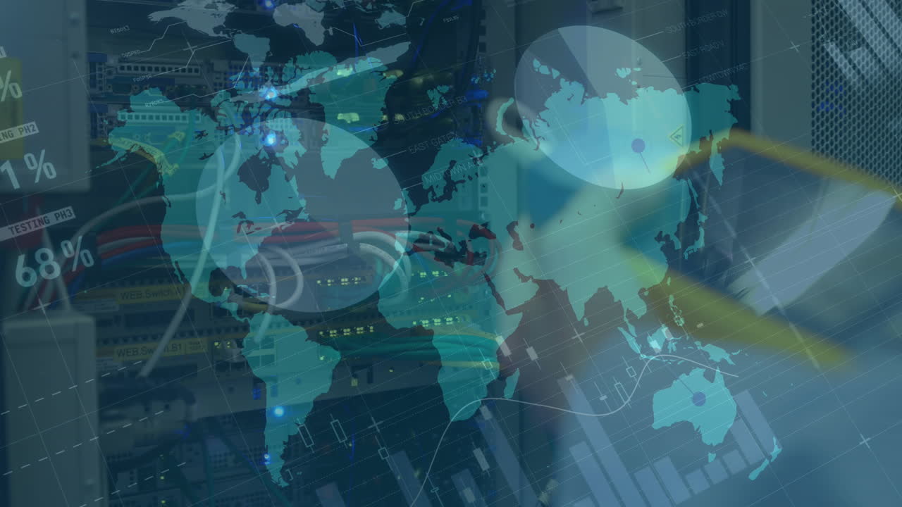 Financial data processing over world map against person working in server room