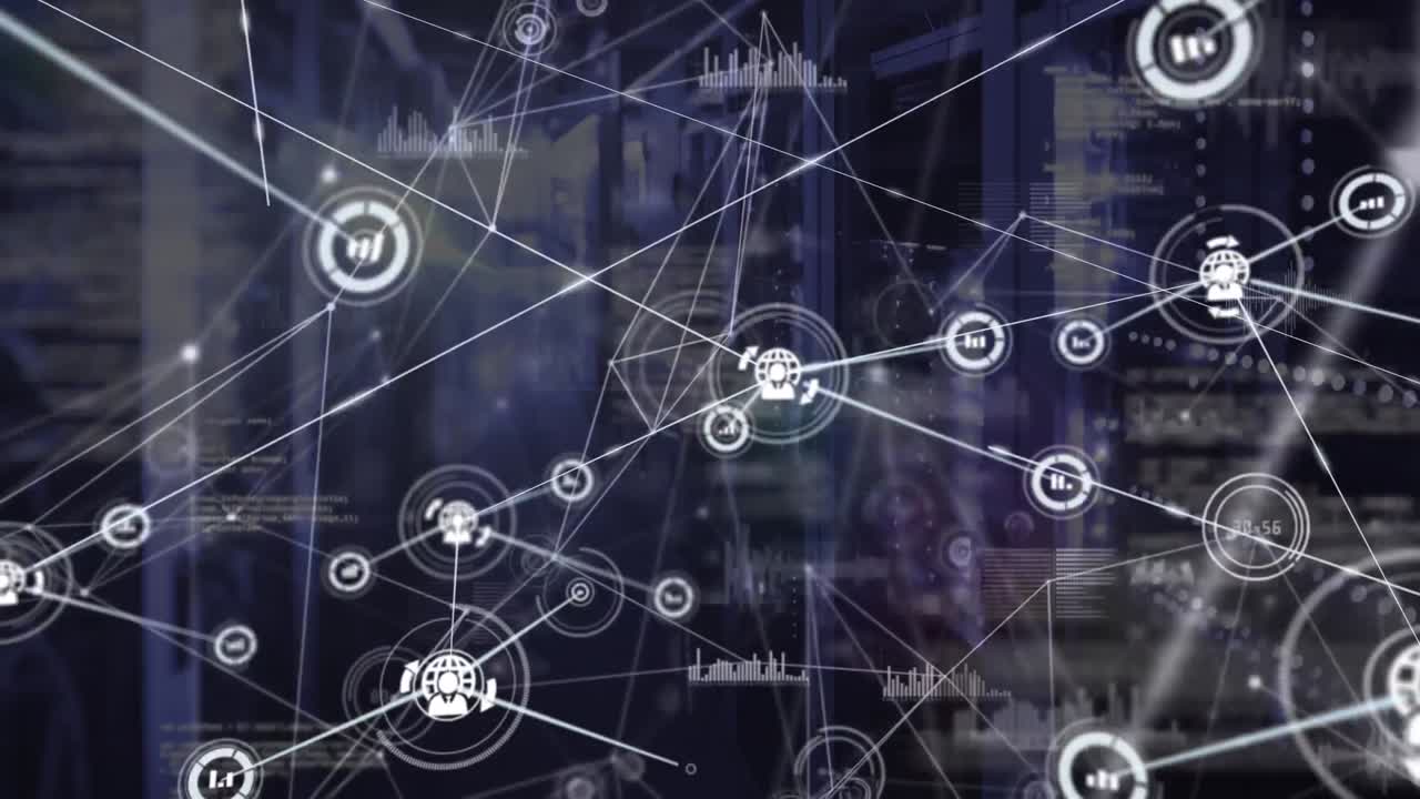 Animation of network of connections with icons and data processing over server room