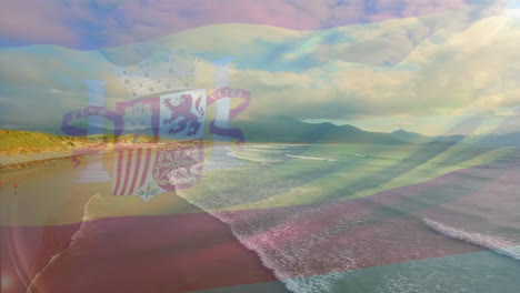 animación de la bandera de españa soplando sobre el paisaje de la playa
