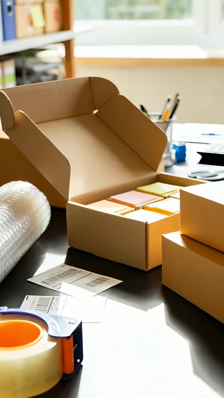 Vertical video: Entering right hand placing box onto open box with four pads for shipment at desk