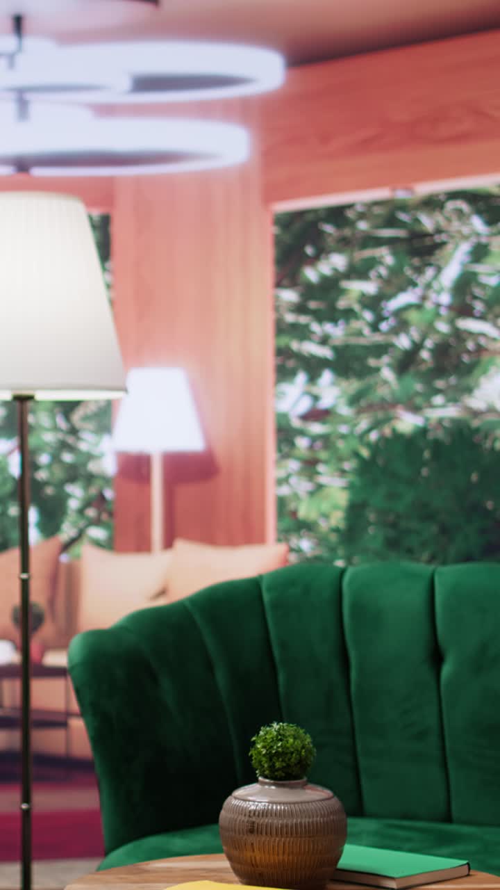 Vertical Video Cozy empty room with elegant furniture and natural light with panoramic windows