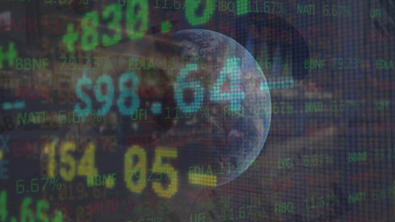 animación del procesamiento de datos financieros con el globo sobre el paisaje urbano