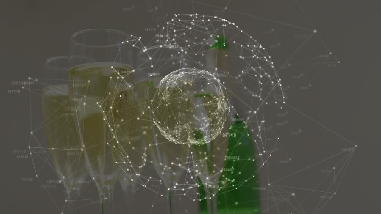 On start, three flutes and green bottle showing rotating network, visualizing data links