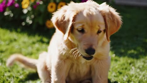 un cachorro de golden retriever en un jardín