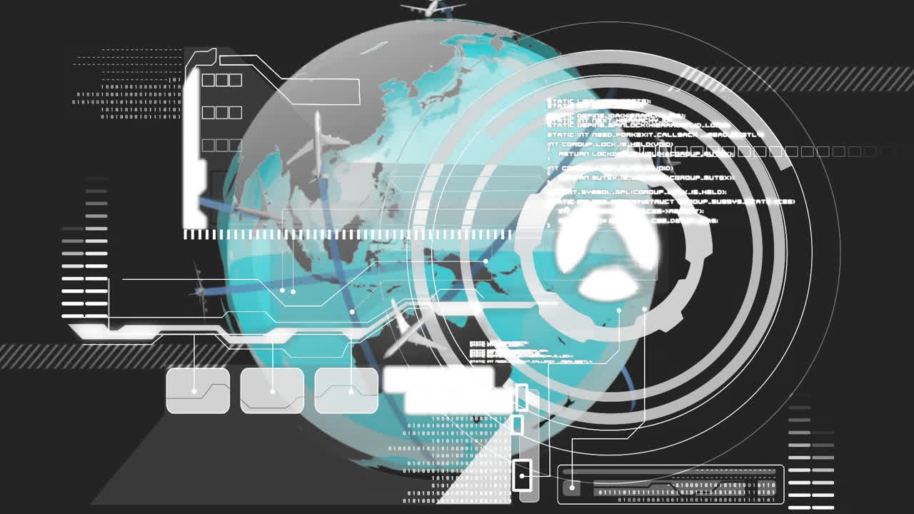 회색 배경 위에서 지구 위를 날아다니는 평면 아이콘 위의 데이터 처리와 디지털 인터페이스