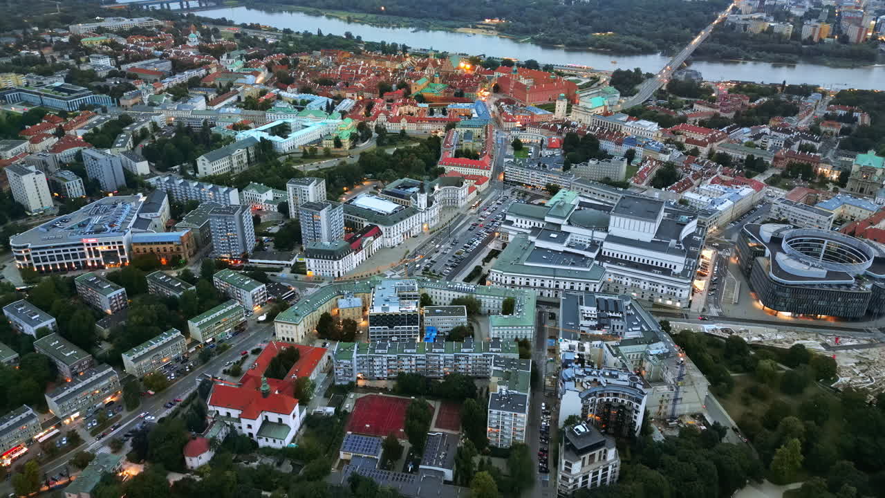 Aerial drone view of Warsaw, Poland on the River Vistula in the evening
