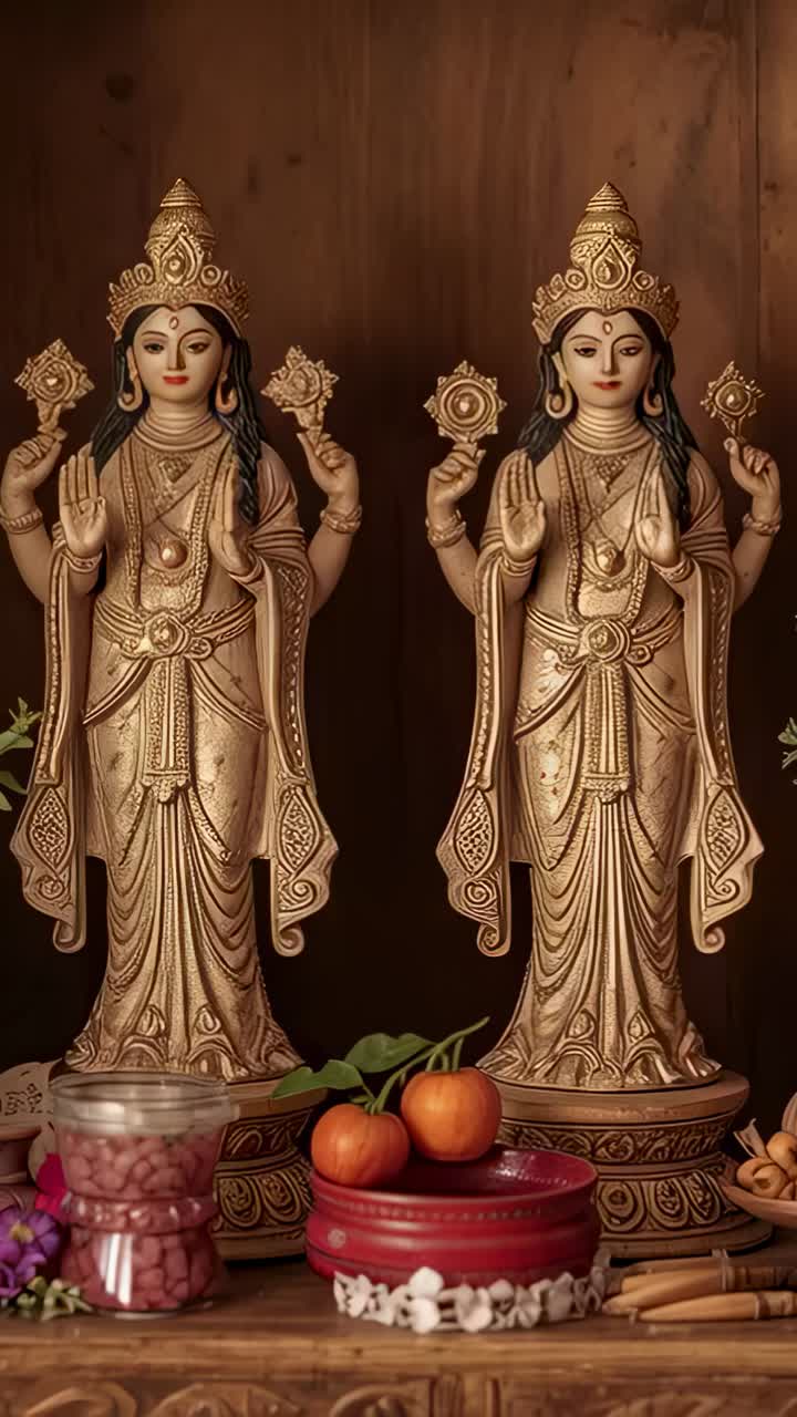 Vertical video: Camera zooming inward, framing two golden deities on altar, showing jar and oranges