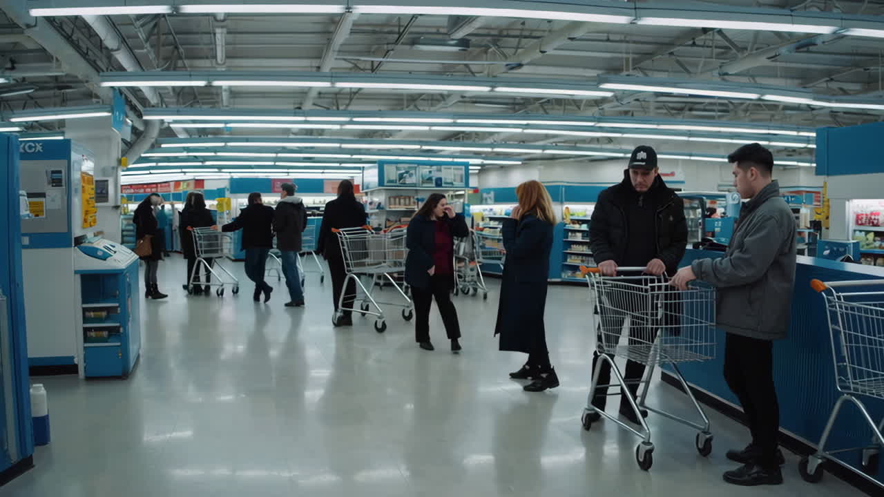 People with shopping carts in a large retail store