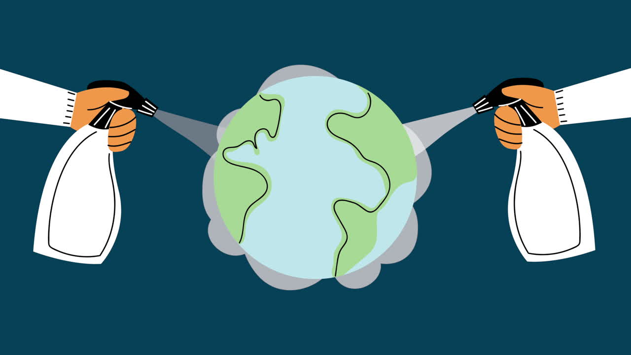 스프레이 병, 소독제, 그리고 세계 행성 지구를 가진 손