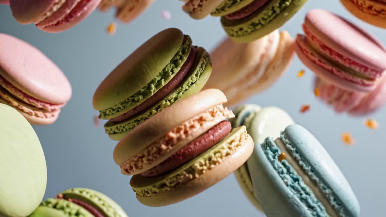 Floating macarons in mid-air, captured with a close-up angle