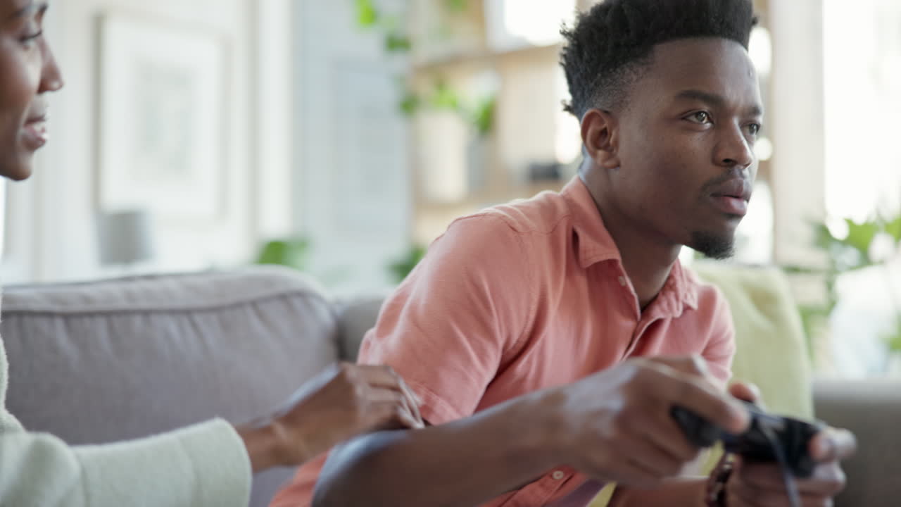 Ignore, video game and couple on sofa upset