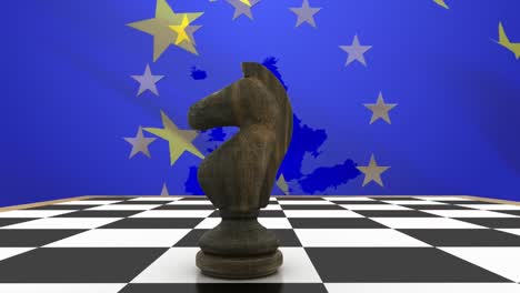 Animación-Del-Caballero-En-El-Tablero-De-Ajedrez-Y-La-Bandera-De-La-Unión-Europea-Sobre-El-Mapa-Contra-El-Fondo-Azul