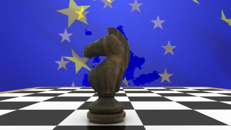 animación del caballero en el tablero de ajedrez y la bandera de la unión europea sobre el mapa contra un fondo azul