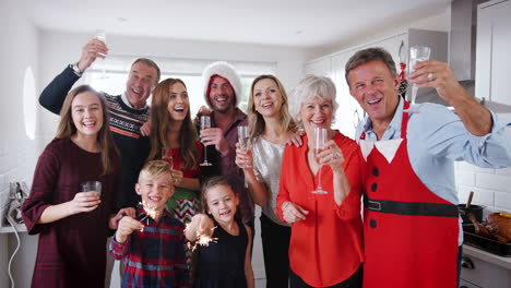 portrait of multi-generation family and friends celebrating with pre dinner drinks at christmas house party