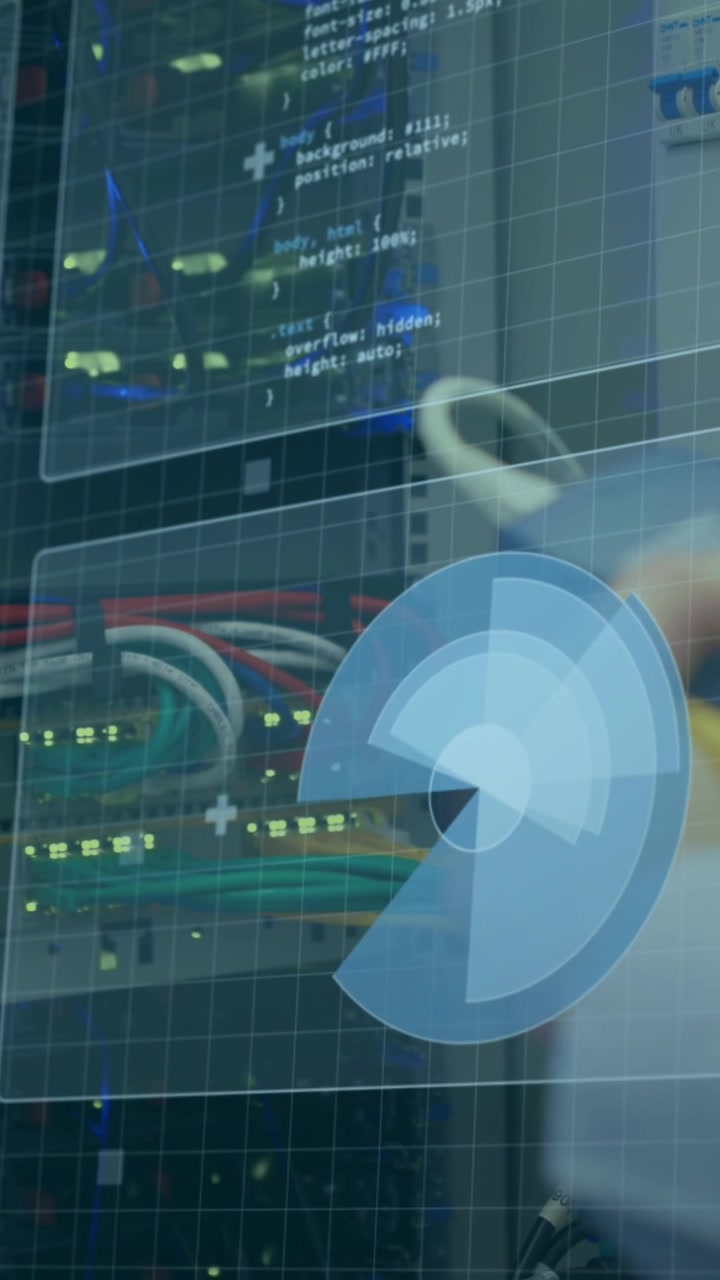 Animation of data processing over caucasian server room worker