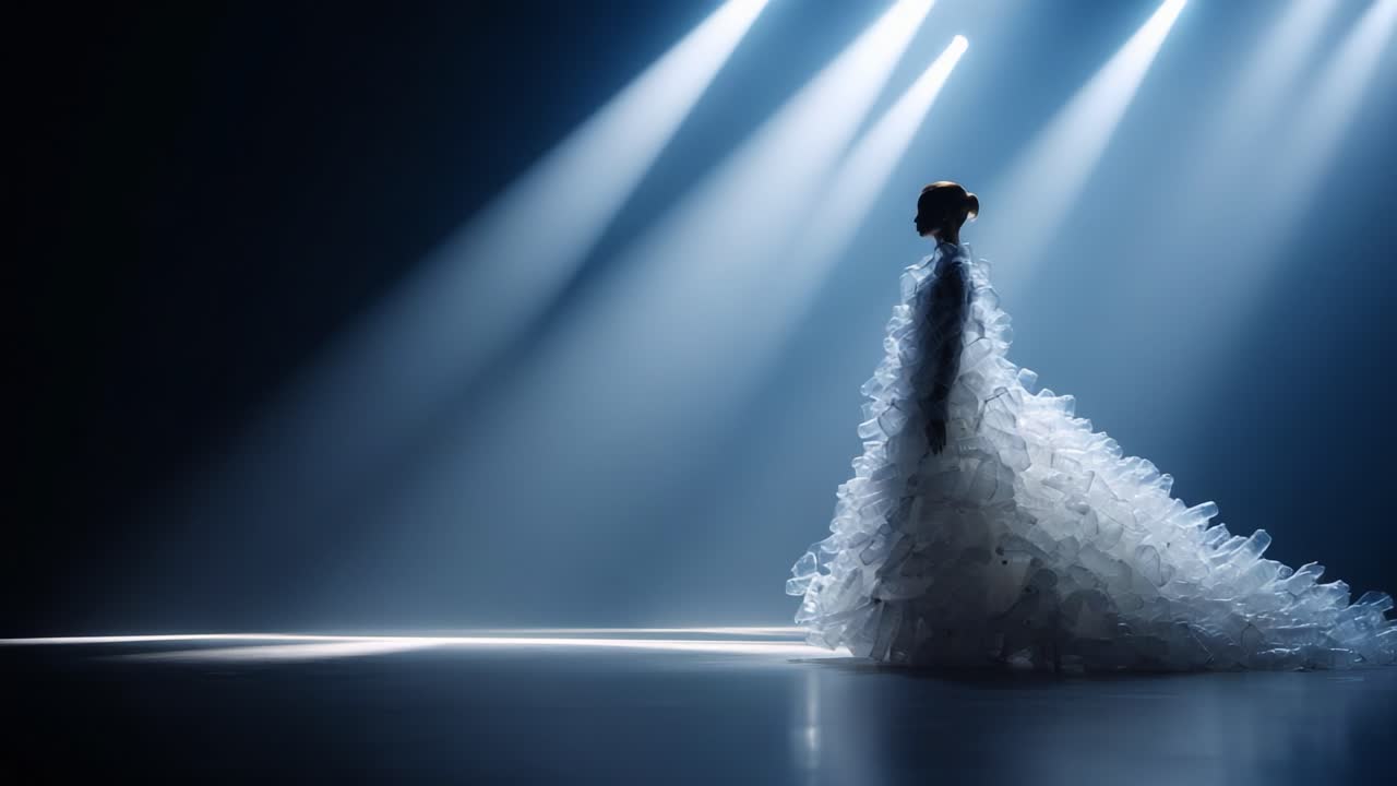 A breathtaking silhouette of a model showcasing a stunning, ethereal gown made of intricate layers, illuminated by captivating blue stage lights in an elegant fashion setting