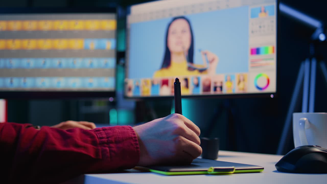 Editor de fotos editando imagens, realizando correção de cores em empresa de pós-produção usando tablet gráfico