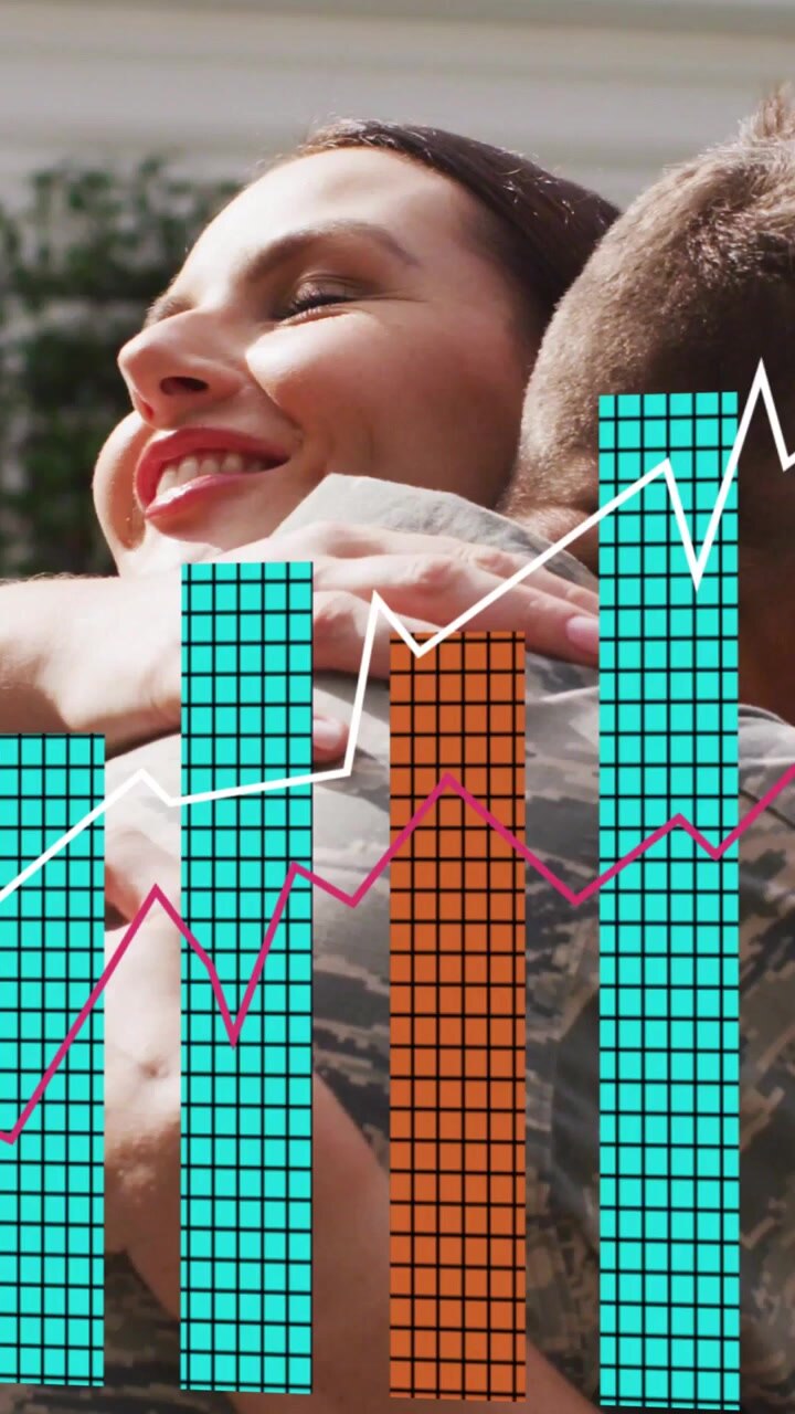 Video verticale: Uomo che si avvicina a una donna e l'abbraccia, con grafici animati che scorrono verso l'alto mostrando dati di mercato.