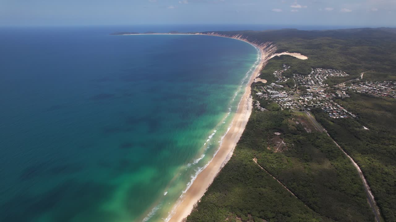 Panoramic View Over Rainbow Beach In Queensland, Australia - Drone Shot