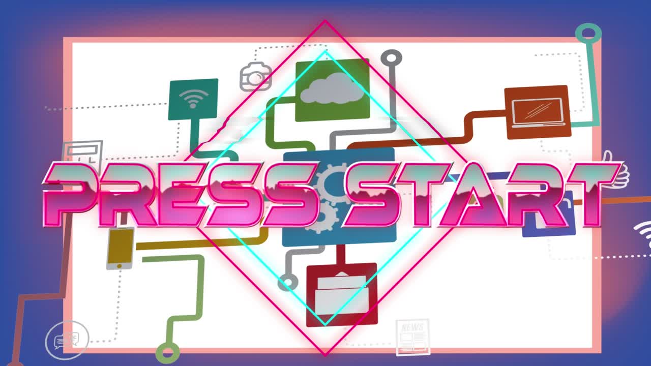Animation of press start text over media icons