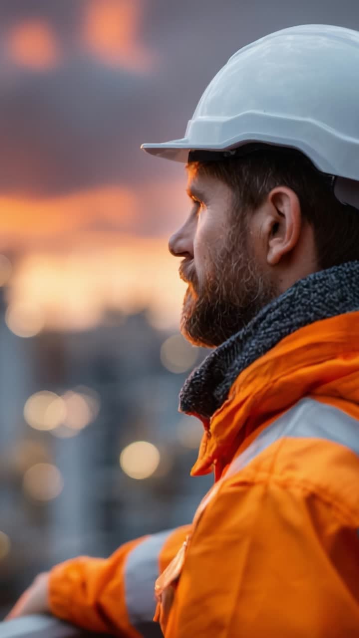 Operaio edile con indumenti protettivi sullo sfondo del crepuscolo, che mette in risalto dedizione e sicurezza nel settore industriale