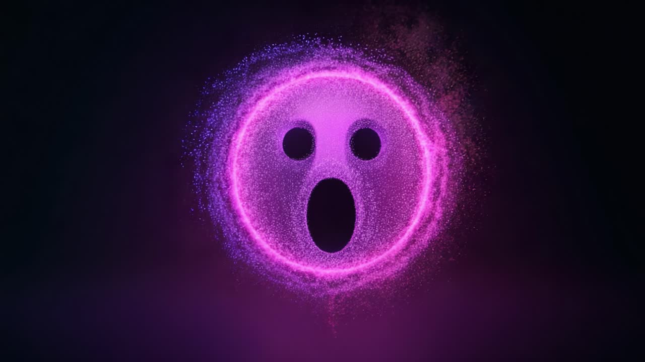 A vivid digital representation of an expressive emoji, showcasing an open-mouthed face surrounded by vibrant, colorful particle effects, symbolizing excitement or surprise