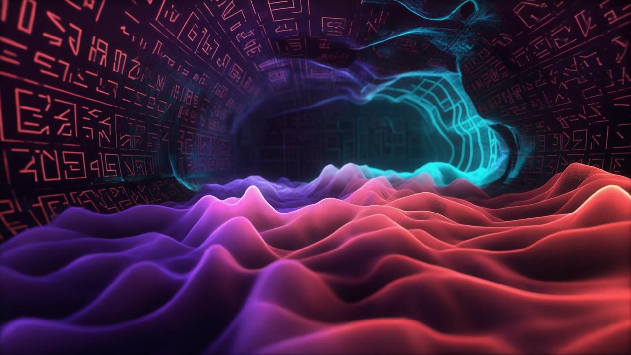 Abstract Digital Tunnel with Glowing Neon Waves and Ancient Symbols