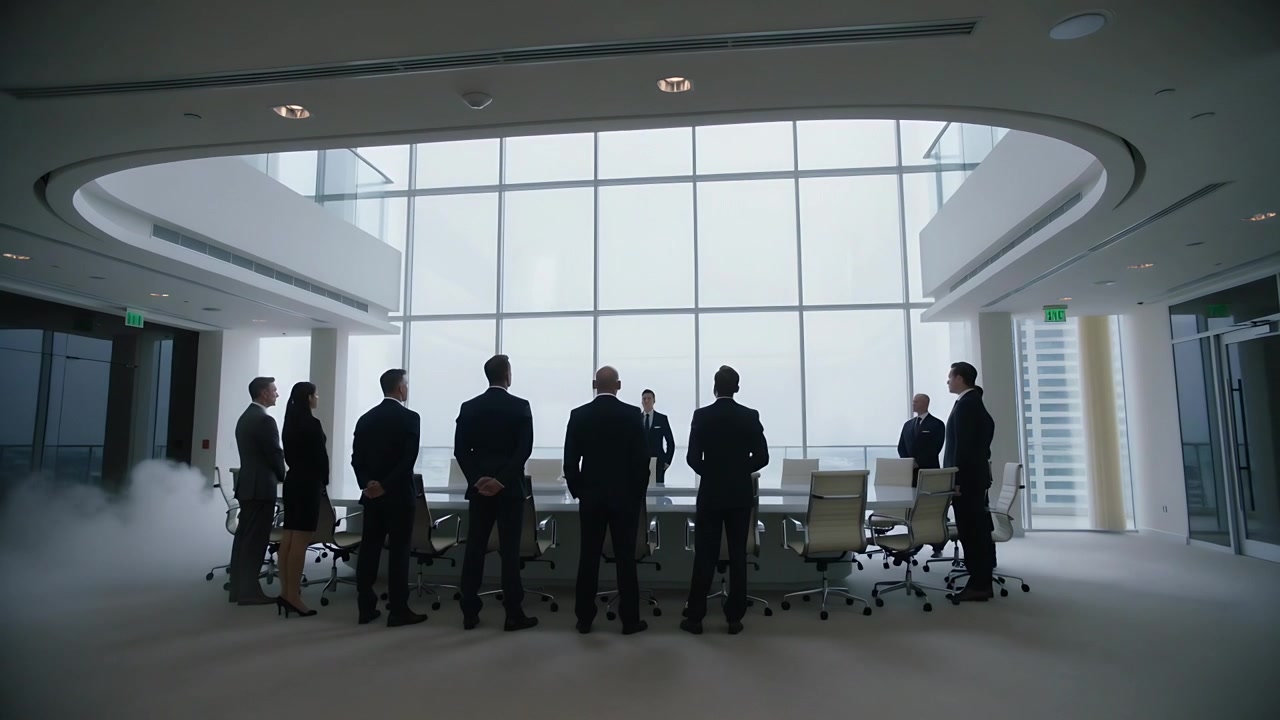 Standing execs in suits clasping hands at oval table, fog creeping from left for announcement