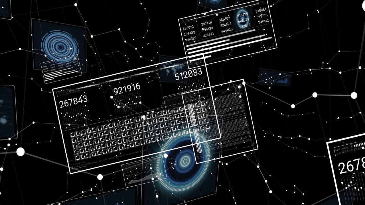 Animation of data processing and diagrams on black background