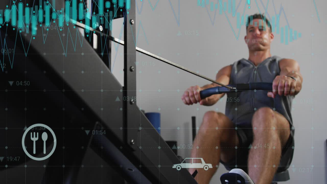 Man rowing in fitness gym, driving legs and pulling handle, activating teal charts for tracking