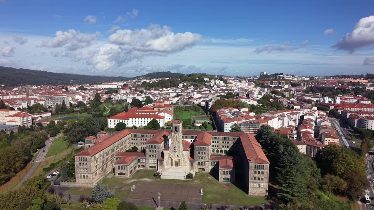 4K drone aerial view of the Minor Seminary in Santiago de Compostela in the Belvís area