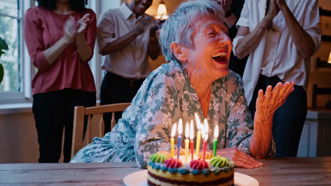Una gioiosa donna anziana si china su una torta di compleanno con candele accese, circondata da persone che applaudono.