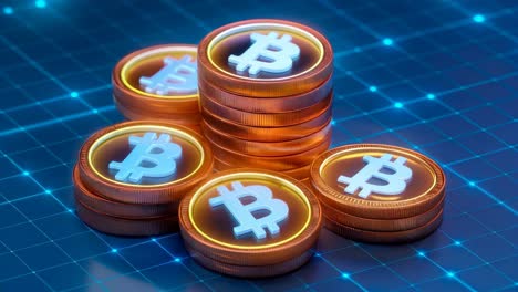 monedas digitales de criptomoneda bitcoin posicionadas contra un fondo futurista cautivador