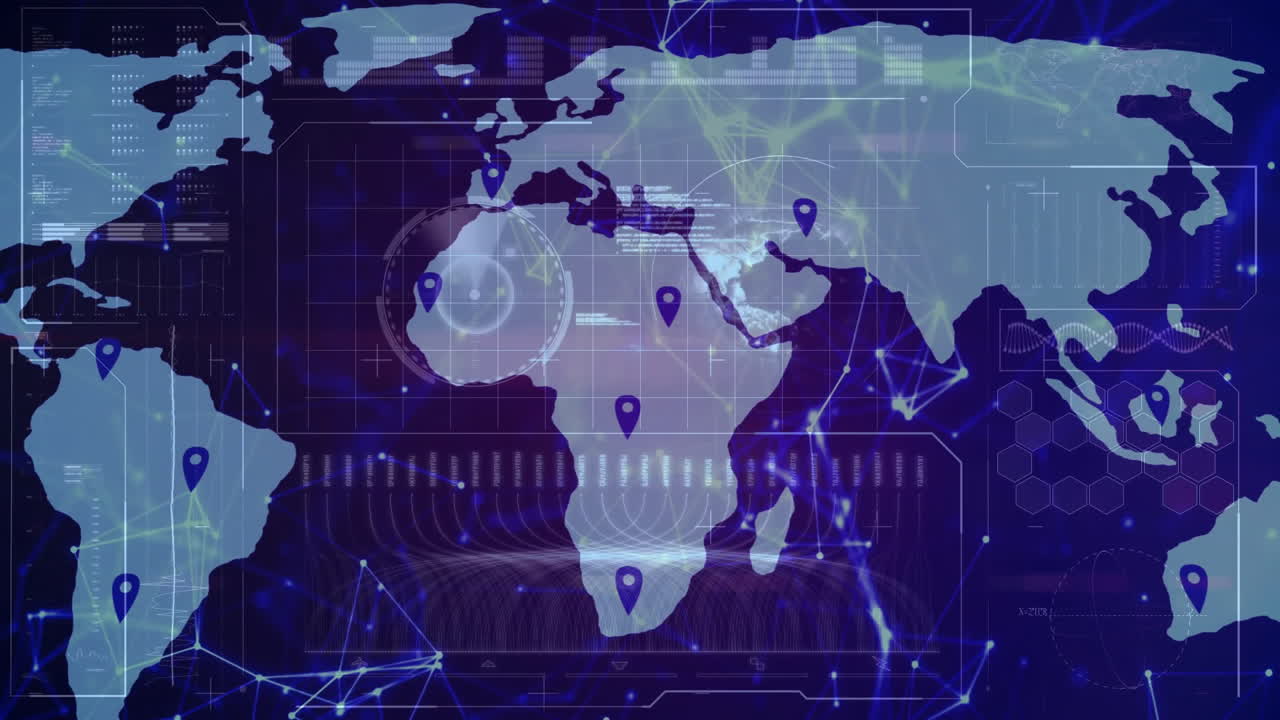 Animated flat world map being visualized in center, with purple pins, UI overlays, network grid