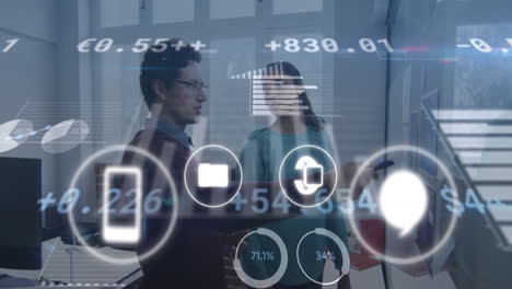 Animation of icons and data processing over diverse business people working in office