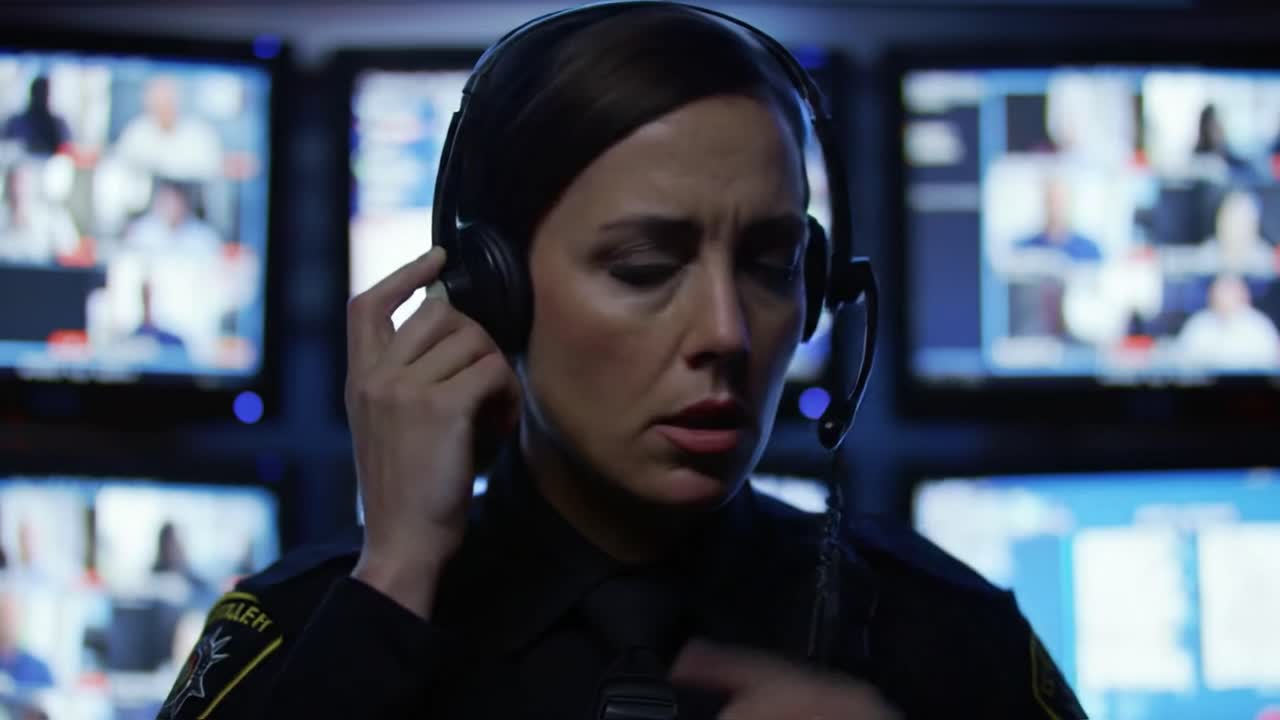 A focused officer in a control room uses a headset to communicate with team members while monitoring multiple screens. The atmosphere is intense and requires quick decision making.