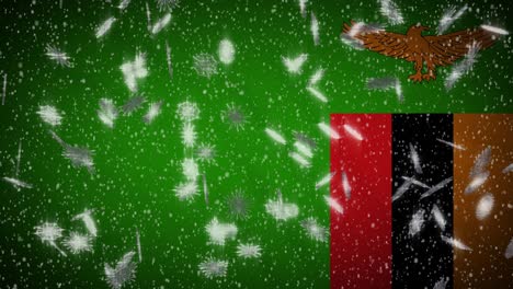 zambia flag falling snow loopable, new year and christmas background, loop