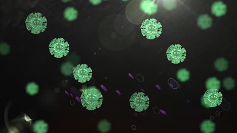 digital animation of multiple covid-19 cells floating over purple light trails on black background