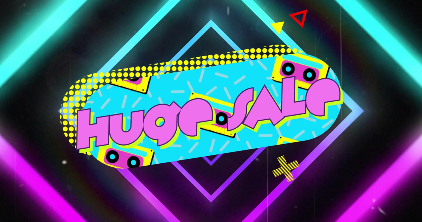 Neon diamonds sparking pill shaped banner with cassette icons fading to center showing HUGE SALE