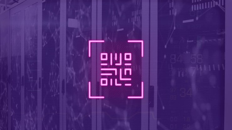 Animation of neon qr code scanner and network of connections against computer server room