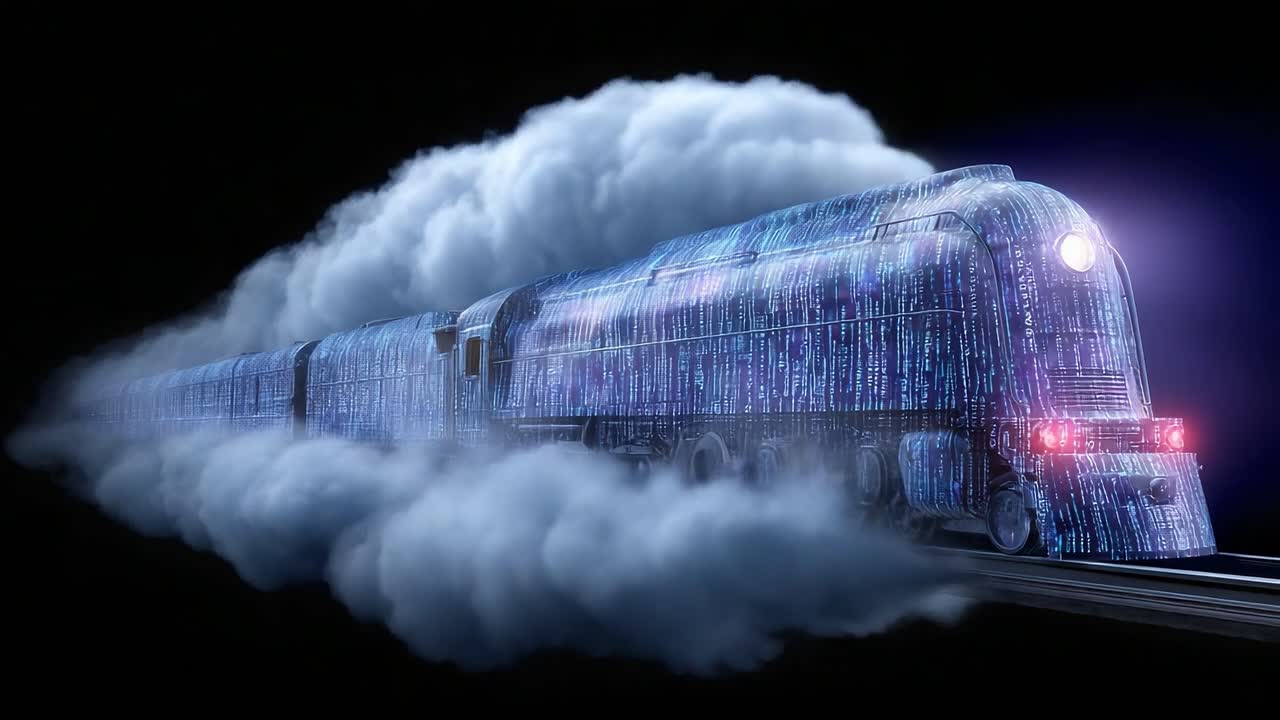 A Spectacular Digital Train Speeds Through a Cloud of Data in an Artistic Representation of Technology and Motion with a Futuristic Vibe