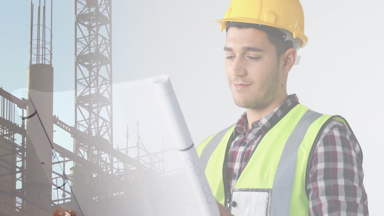 animación de arquitecto caucásico con planes sobre el sitio de construcción