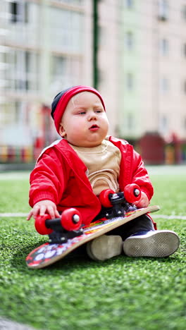 lovely chubby infant in red jacket and cap sits on the grass outdoors. focused baby plays with a skateboard. vertical video.