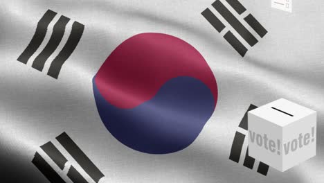 las boletas vuelan a la caja para corea del sur selección - caja de votación frente a la bandera - elección - voto - bandera de corea del sur - bandera de korea del sur alto detalle - bandera nacional de corea del sud patrón de onda elementos loopables - textura de tela y bucle sin fin