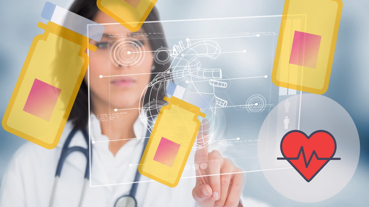 animación de iconos médicos sobre la pantalla táctil de una doctora caucásica